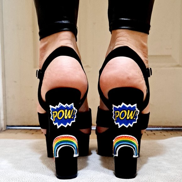 Black Denim Patched Open Toe Ankle Strap BlockHeel - Picture 5 of 8